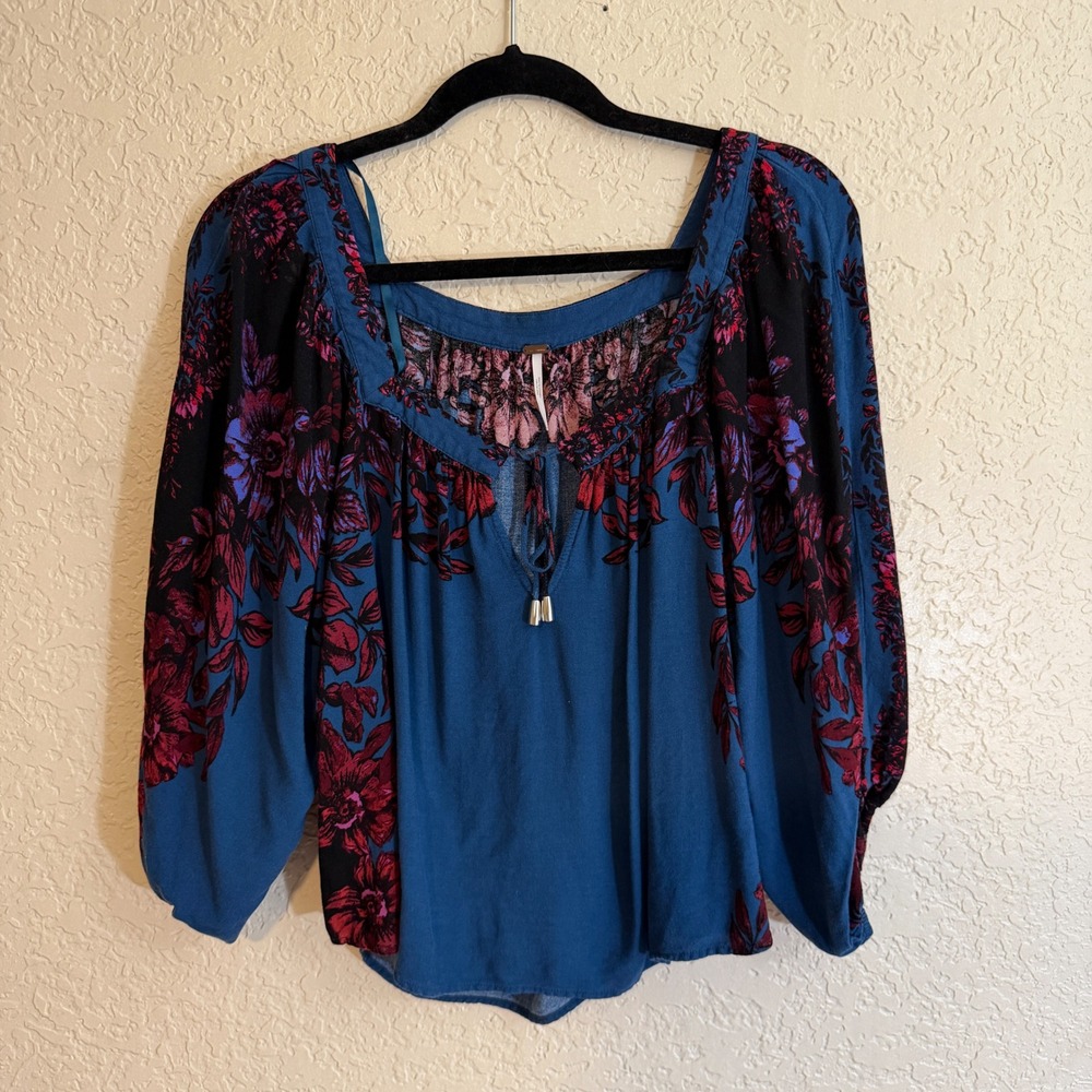 Free People Wild Memories Peasant Blouse in‎ Dark Turquoise Size Small Light - Picture 3 of 10